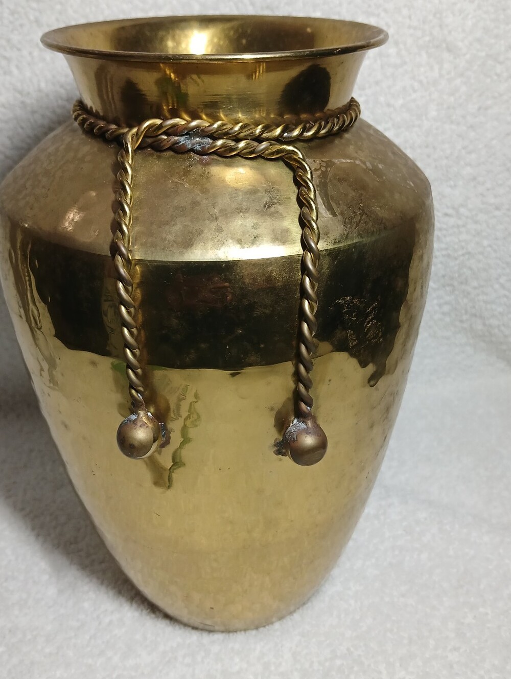 Polished Hammered Brass Decorative Vase with Twisted Rope Detail
